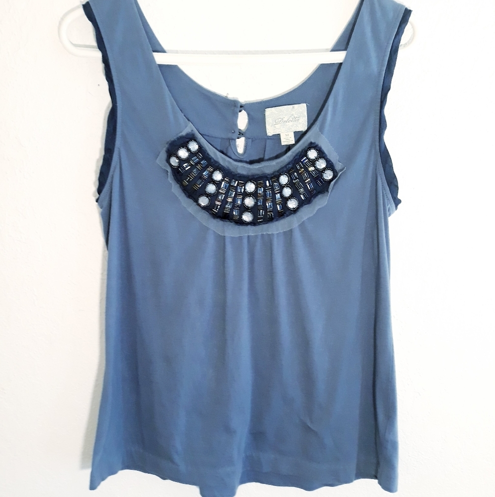 Anthropologie Deletta Blue Jewel Beaded Tank Top - Size Medium Embellished Tank - Picture 5 of 5